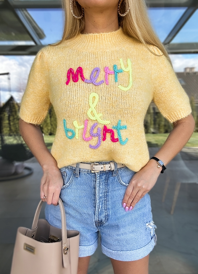Kanarkowy wiosenny sweter z krótkim rękawem MERRY - M786