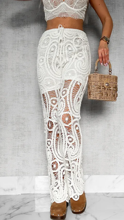 Szydełkowe bawełniane spodnie w kolorze BIAŁYM one size - P684B