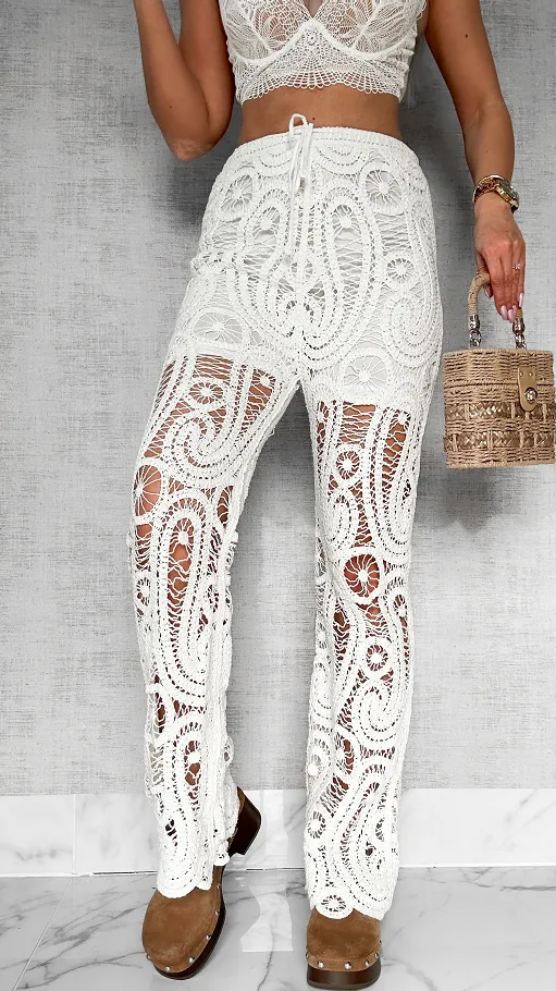 Szydełkowe bawełniane spodnie w kolorze BIAŁYM one size - P684B