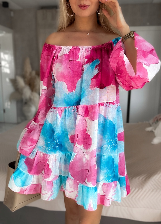 Lniana sukienka w różowo niebieskie kwiaty - M955