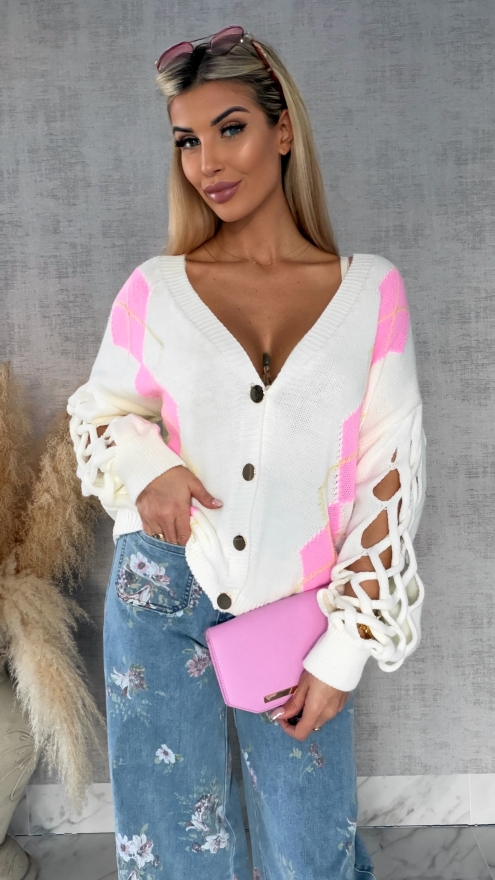 Wiosenny sweter z ażurowymi rękawkami ECRU - R665B