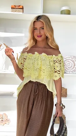 Bluzka hiszpanka w stylu BOHO z wiskozy ONE SIZE kanarkowa - P861B