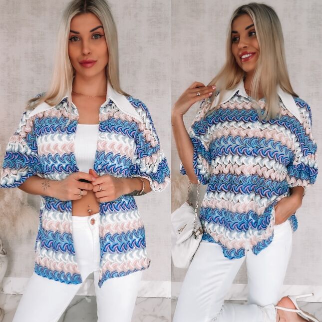 Stylowa kolorowa bluzka w niebieskie paski białym kołnierzykiem ONE SIZE - R865A