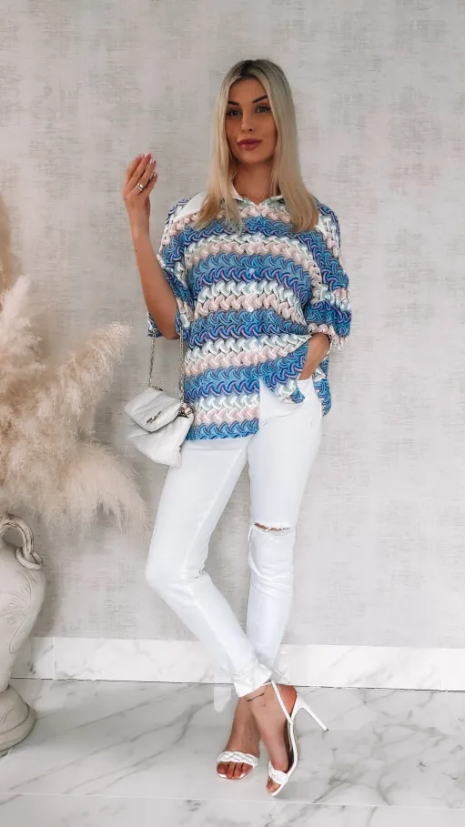 Stylowa kolorowa bluzka w niebieskie paski białym kołnierzykiem ONE SIZE - R865A
