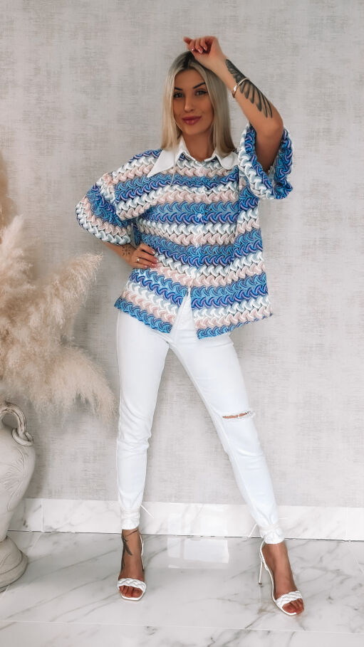 Stylowa kolorowa bluzka w niebieskie paski białym kołnierzykiem ONE SIZE - R865A