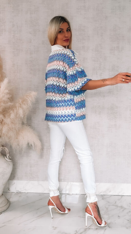 Stylowa kolorowa bluzka w niebieskie paski białym kołnierzykiem ONE SIZE - R865A