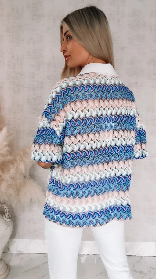 Stylowa kolorowa bluzka w niebieskie paski białym kołnierzykiem ONE SIZE - R865A