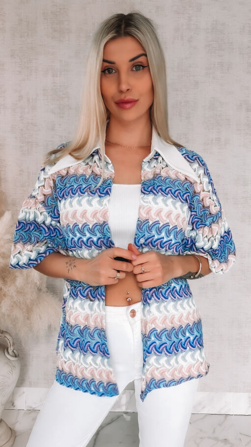 Stylowa kolorowa bluzka w niebieskie paski białym kołnierzykiem ONE SIZE - R865A