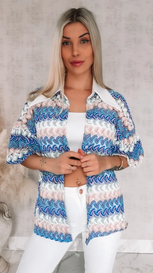 Stylowa kolorowa bluzka w niebieskie paski białym kołnierzykiem ONE SIZE - R865A