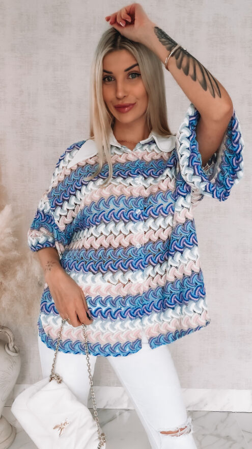 Stylowa kolorowa bluzka w niebieskie paski białym kołnierzykiem ONE SIZE - R865A