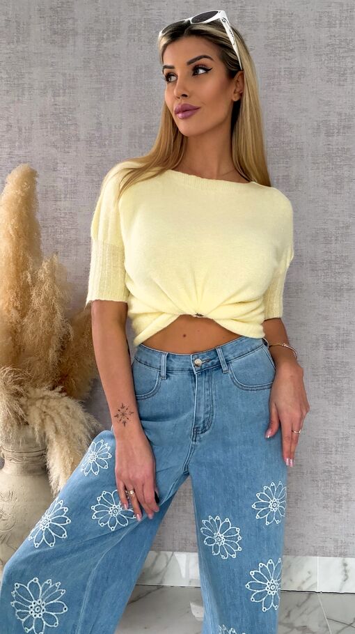 Idealny wiosenny sweter z krótkim rękawem CYTRYNOWY - R660C
