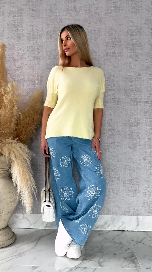 Idealny wiosenny sweter z krótkim rękawem CYTRYNOWY - R660C