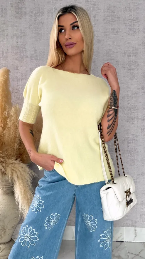 Idealny wiosenny sweter z krótkim rękawem CYTRYNOWY - R660C