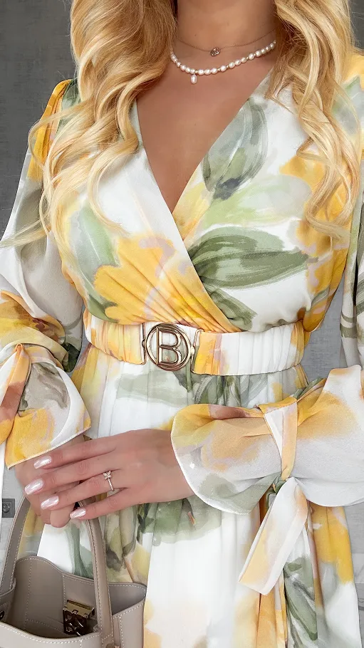 Sukienka w malowane żółte kwiaty z elastycznym paskiem ONE SIZE - P507A