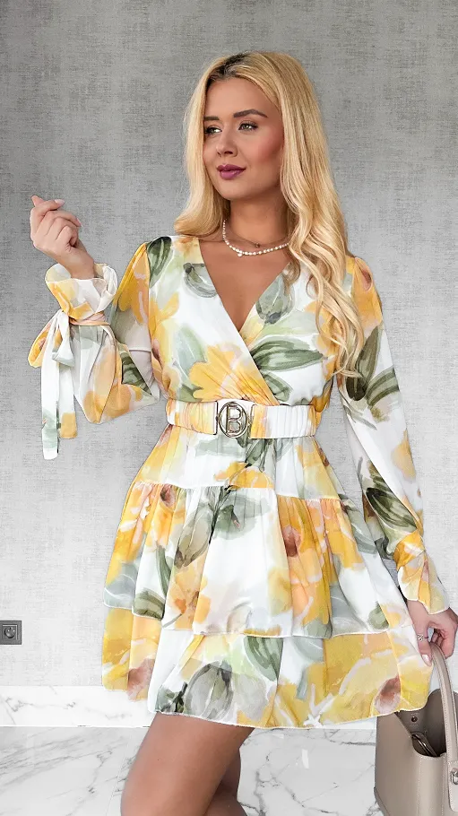 Sukienka w malowane żółte kwiaty z elastycznym paskiem ONE SIZE - P507A