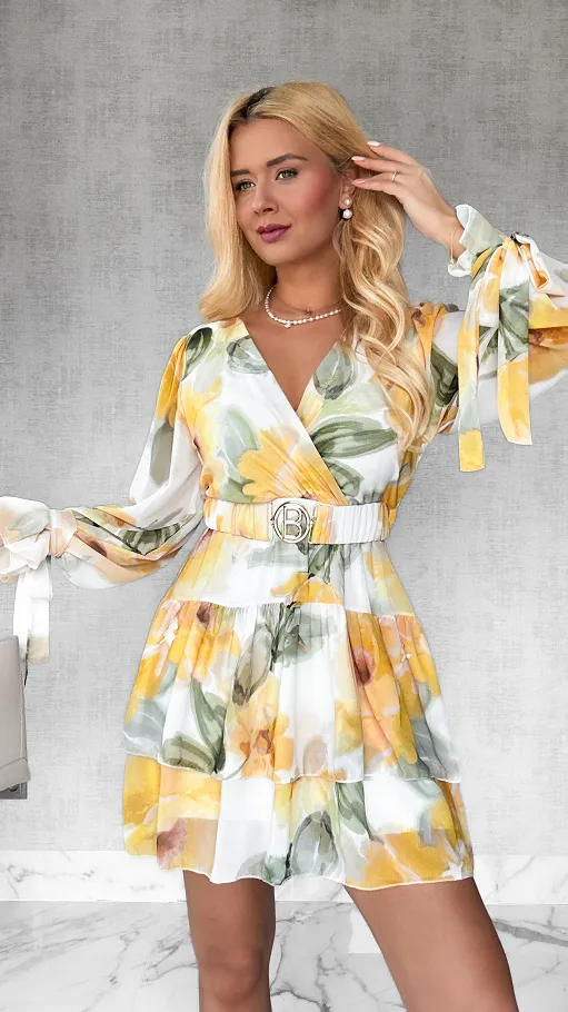 Sukienka w malowane żółte kwiaty z elastycznym paskiem ONE SIZE - P507A