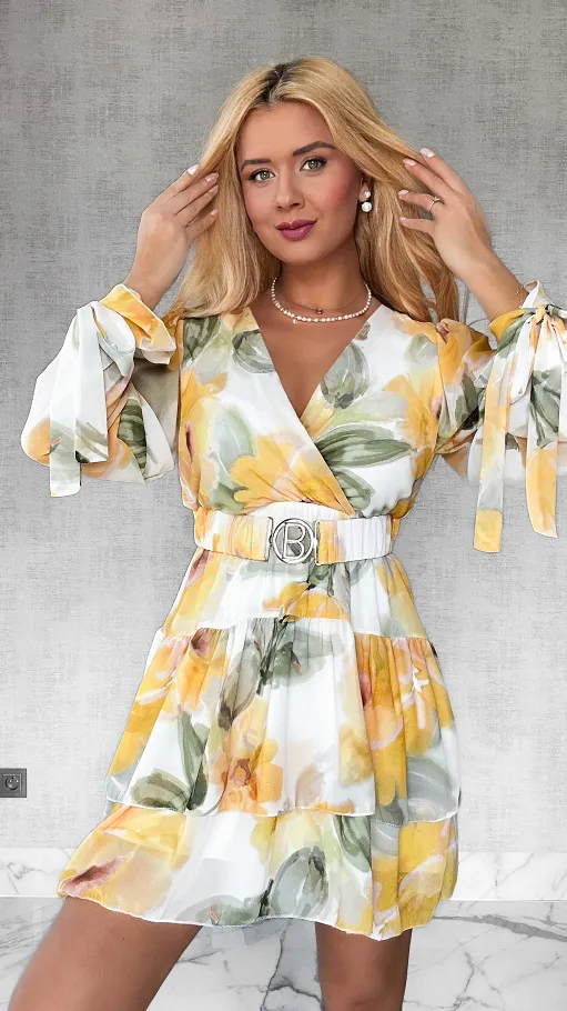 Sukienka w malowane żółte kwiaty z elastycznym paskiem ONE SIZE - P507A