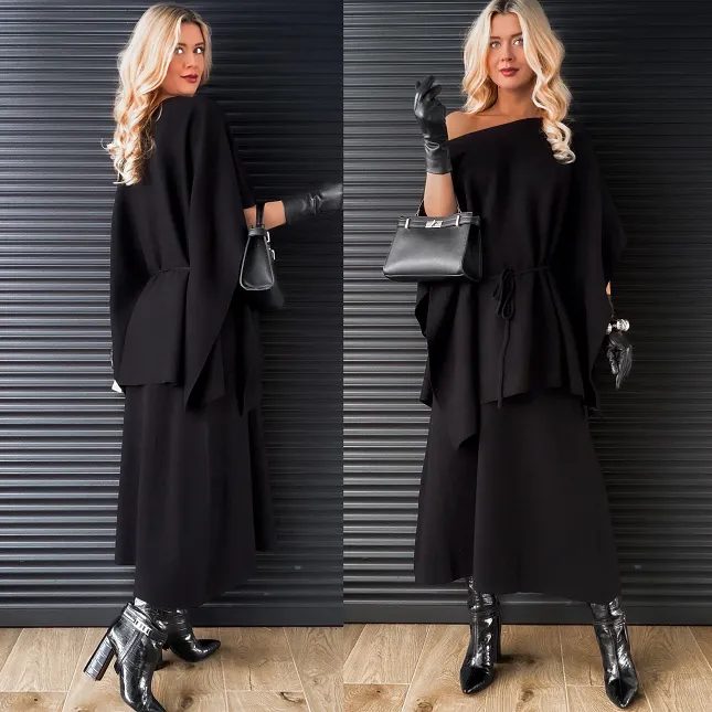 Elegancki dzianinowy komplet tunika + spódnica ONE SIZE czarny - R315A