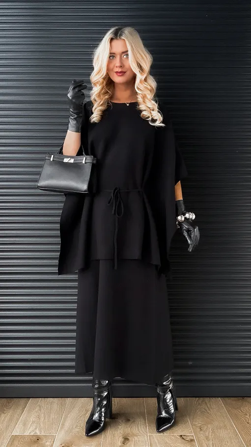 Elegancki dzianinowy komplet tunika + spódnica ONE SIZE czarny - R315A