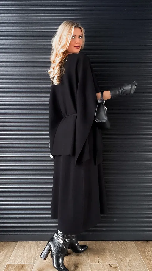 Elegancki dzianinowy komplet tunika + spódnica ONE SIZE czarny - R315A