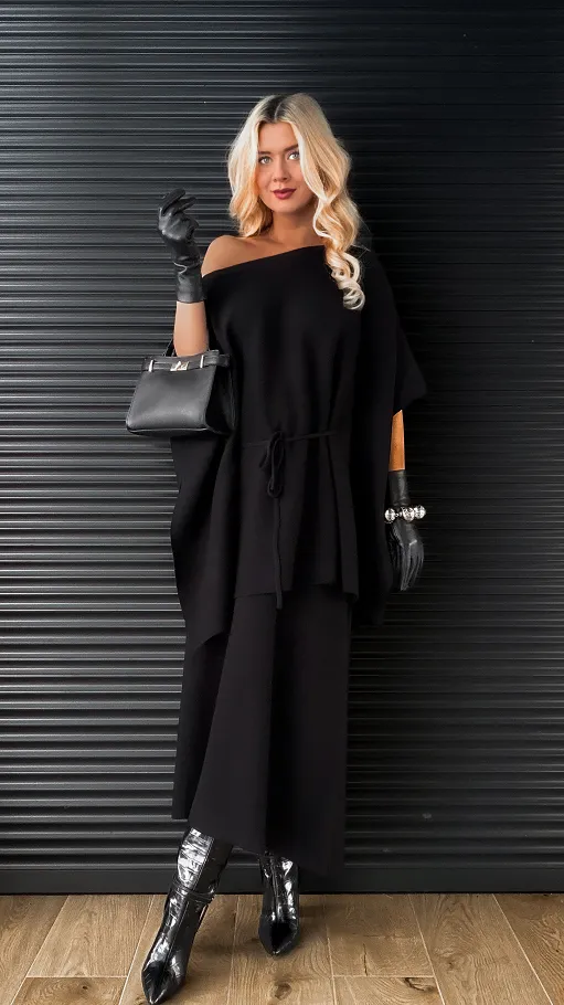 Elegancki dzianinowy komplet tunika + spódnica ONE SIZE czarny - R315A