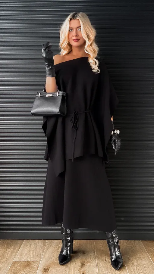 Elegancki dzianinowy komplet tunika + spódnica ONE SIZE czarny - R315A