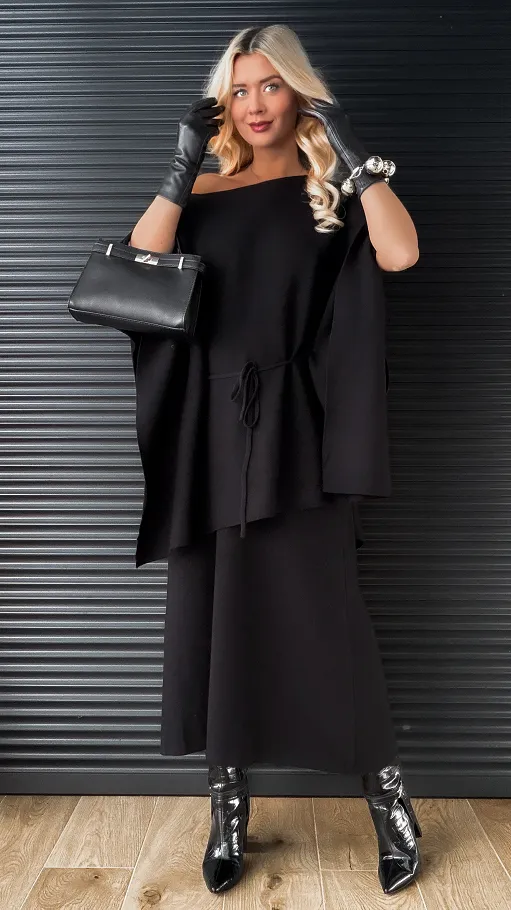 Elegancki dzianinowy komplet tunika + spódnica ONE SIZE czarny - R315A