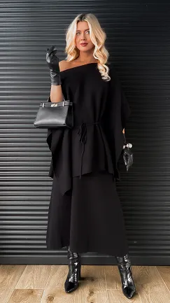 Elegancki dzianinowy komplet tunika + spódnica ONE SIZE czarny - R315A