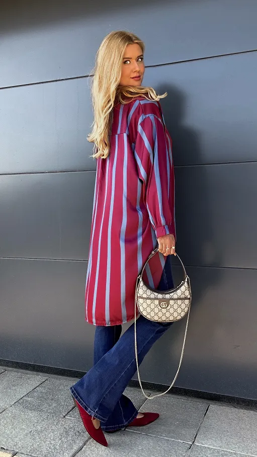 Asymetryczna bordowa koszula w niebieskie paski ONE SIZE - P959A