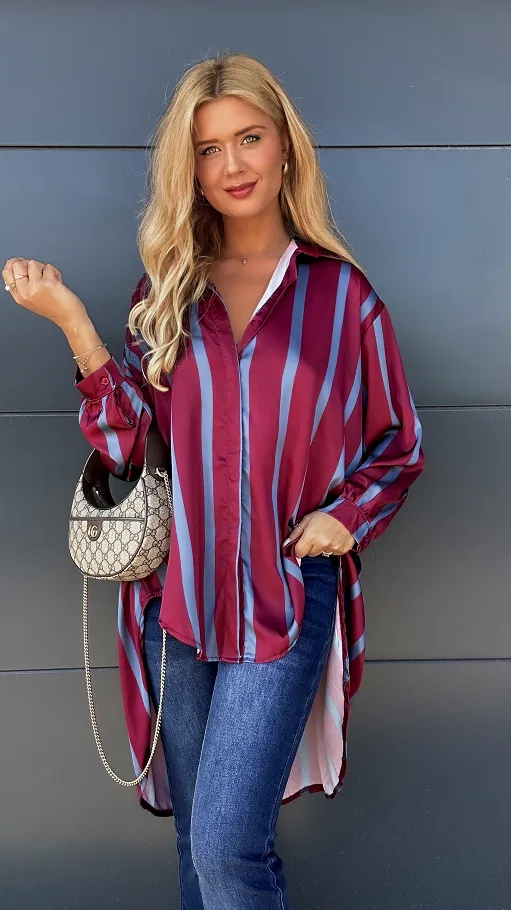 Asymetryczna bordowa koszula w niebieskie paski ONE SIZE - P959A