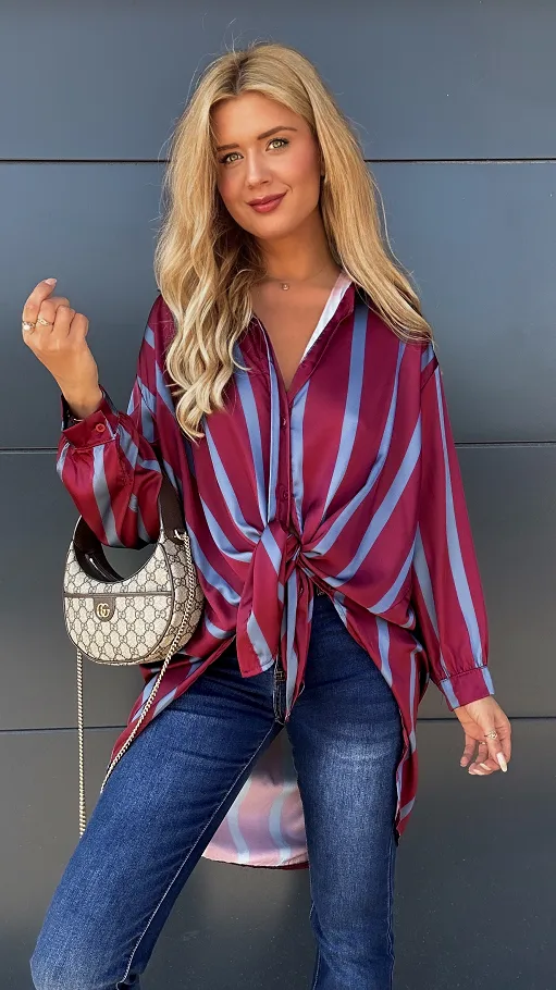 Asymetryczna bordowa koszula w niebieskie paski ONE SIZE - P959A