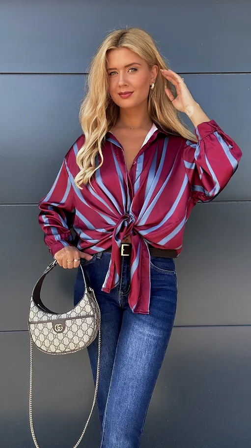 Asymetryczna bordowa koszula w niebieskie paski ONE SIZE - P959A