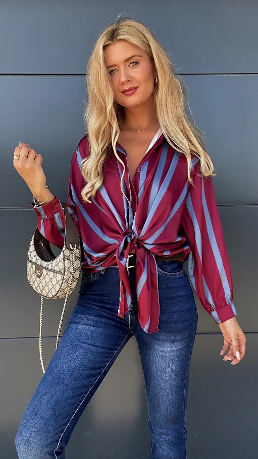 Asymetryczna bordowa koszula w niebieskie paski ONE SIZE - P959A