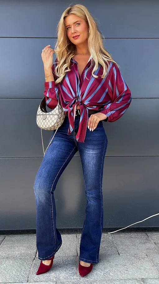 Asymetryczna bordowa koszula w niebieskie paski ONE SIZE - P959A