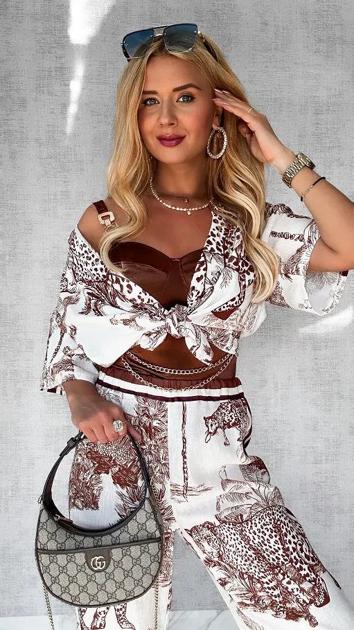 Stylowa lniany komplet CHOCO zwierzęcy wzór ONE SIZE - P746A