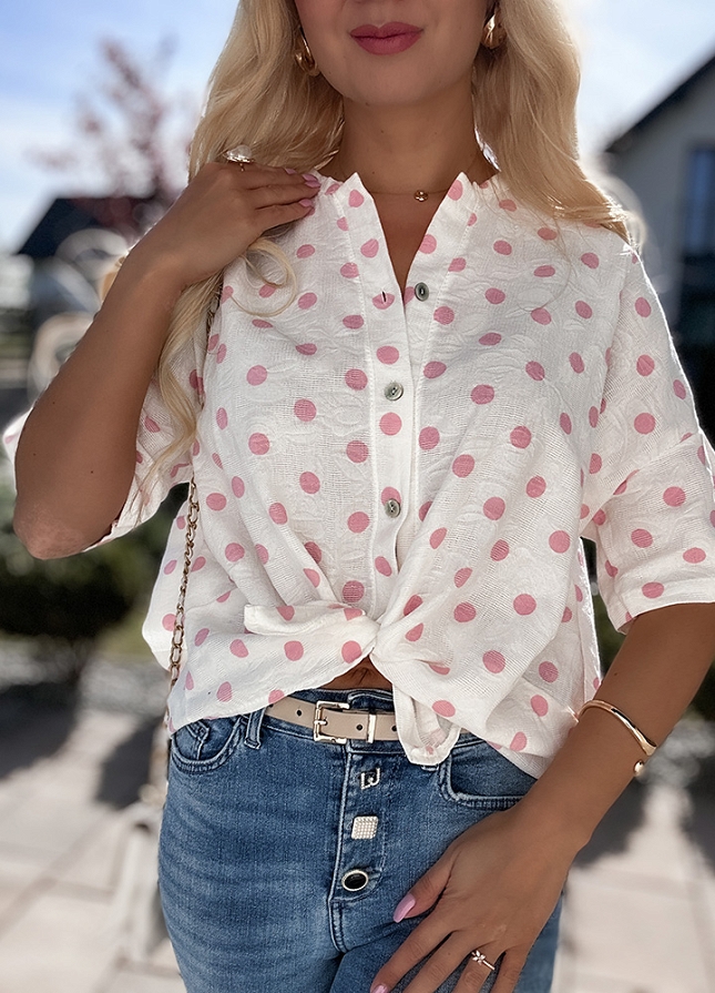 Bawełniana biała bluzka w różowe grochy - N179