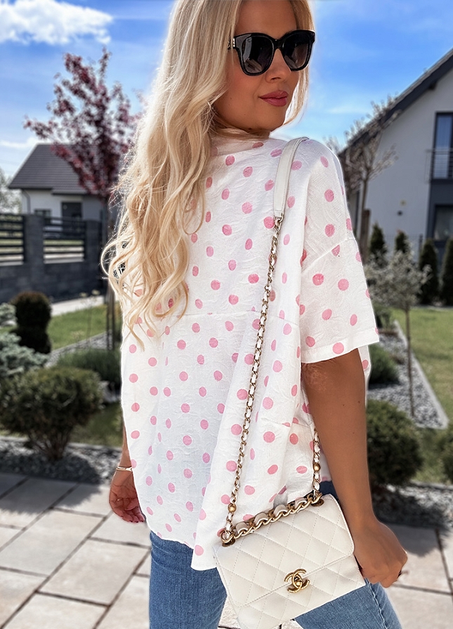 Bawełniana biała bluzka w różowe grochy - N179