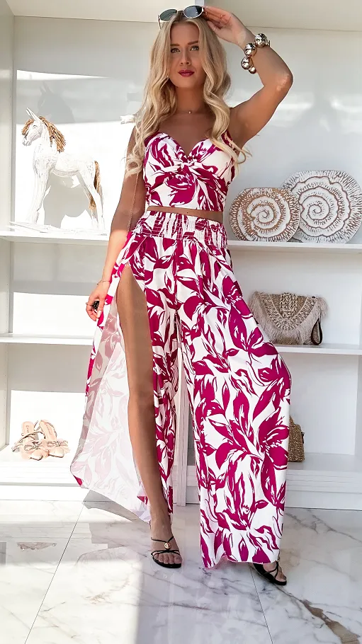 Piękny letni komplet w różowe kwiaty bluzka TOP + spodnie ONE SIZE - P921A