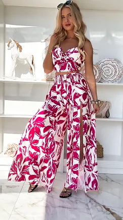 Piękny letni komplet w różowe kwiaty bluzka TOP + spodnie ONE SIZE - P921A