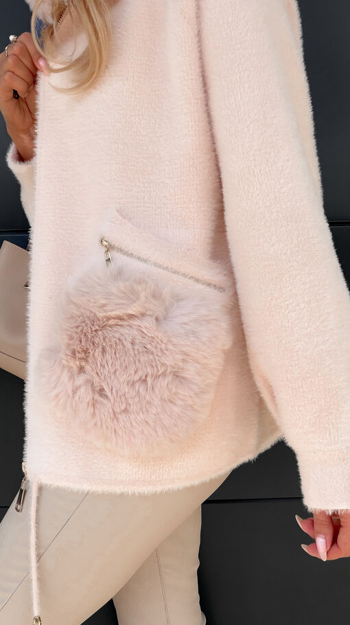 Idealna ALPAKA w kolorze PUDROWYM z kapturem i futerkiem ONE SIZE - S297A