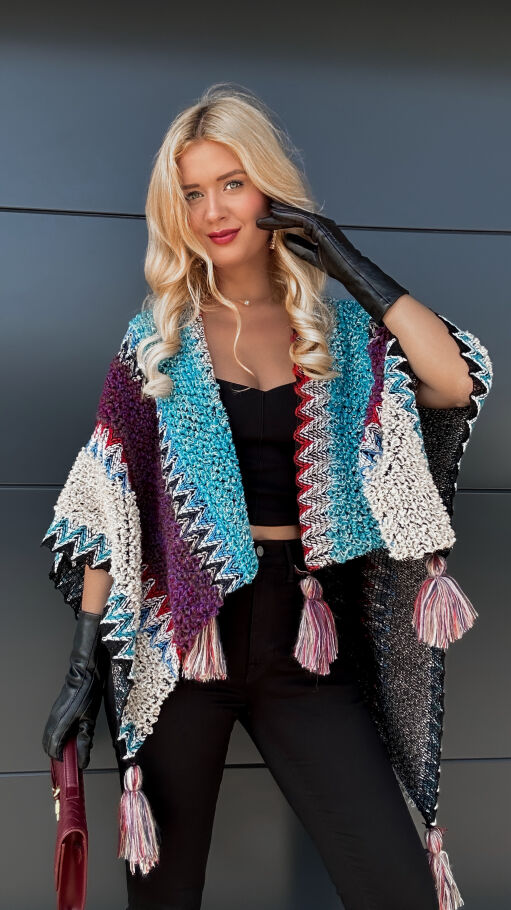 Modne PONCZO z pomponami turkusowo-fioletowe ONE SIZE - P949A