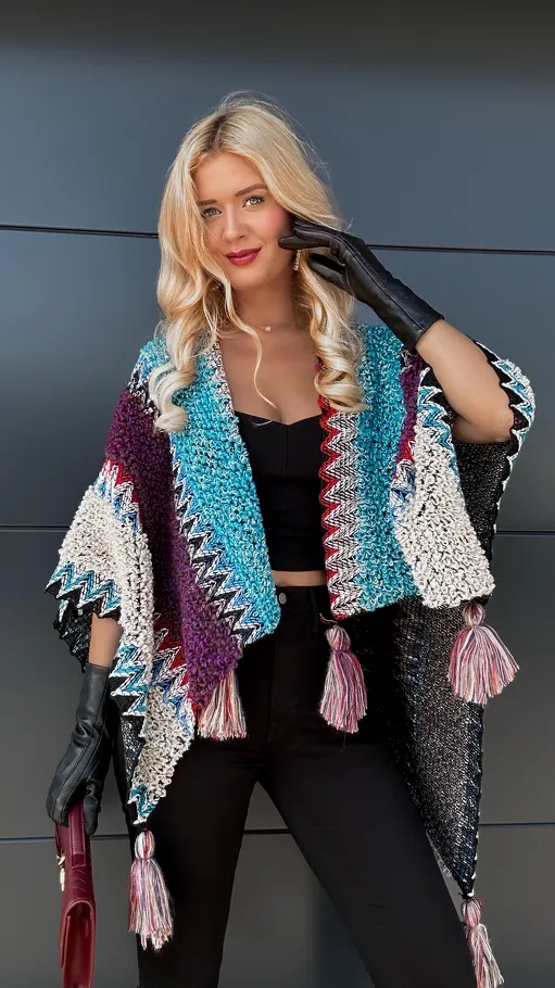 Modne PONCZO z pomponami turkusowo-fioletowe ONE SIZE - P949A