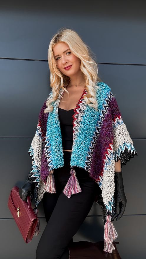 Modne PONCZO z pomponami turkusowo-fioletowe ONE SIZE - P949A