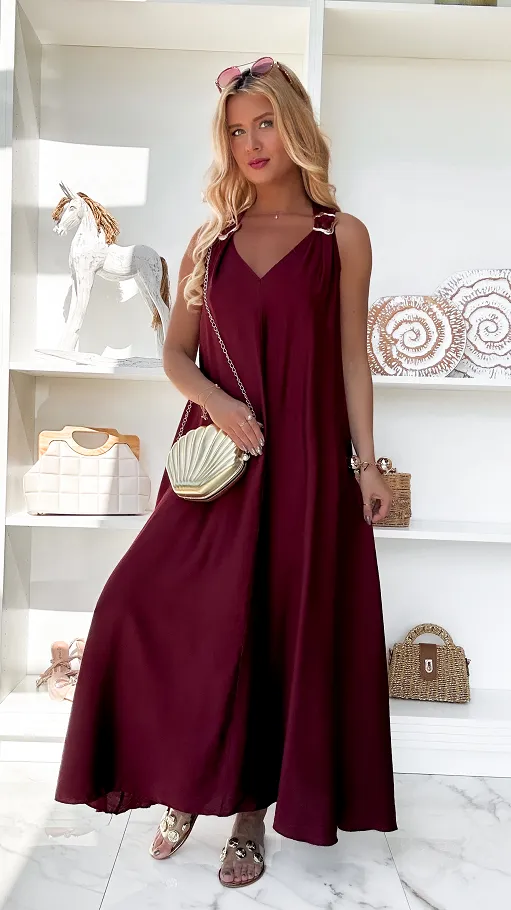 Gładka letnia MAXI sukienka w bordowym kolorze ONE SIZE - P874A