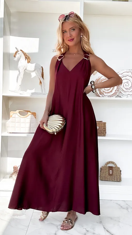 Gładka letnia MAXI sukienka w bordowym kolorze ONE SIZE - P874A
