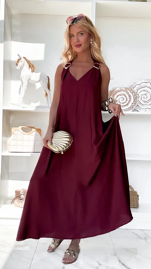 Gładka letnia MAXI sukienka w bordowym kolorze ONE SIZE - P874A