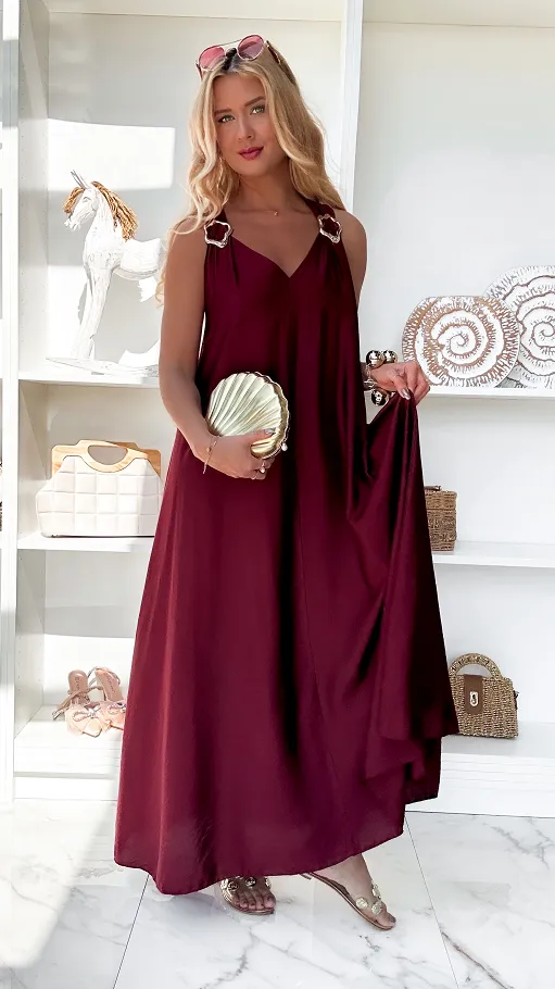 Gładka letnia MAXI sukienka w bordowym kolorze ONE SIZE - P874A