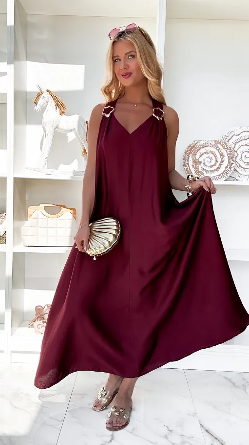 Gładka letnia MAXI sukienka w bordowym kolorze ONE SIZE - P874A
