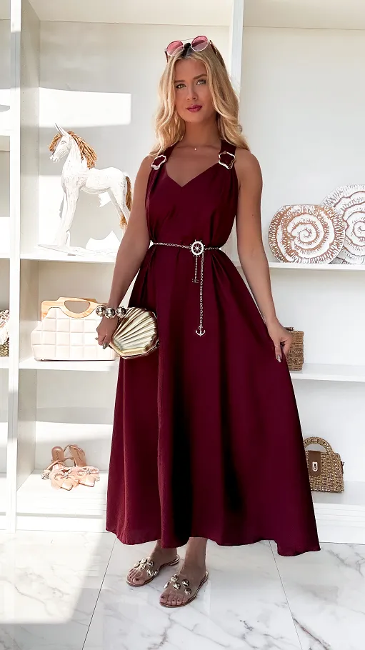 Gładka letnia MAXI sukienka w bordowym kolorze ONE SIZE - P874A