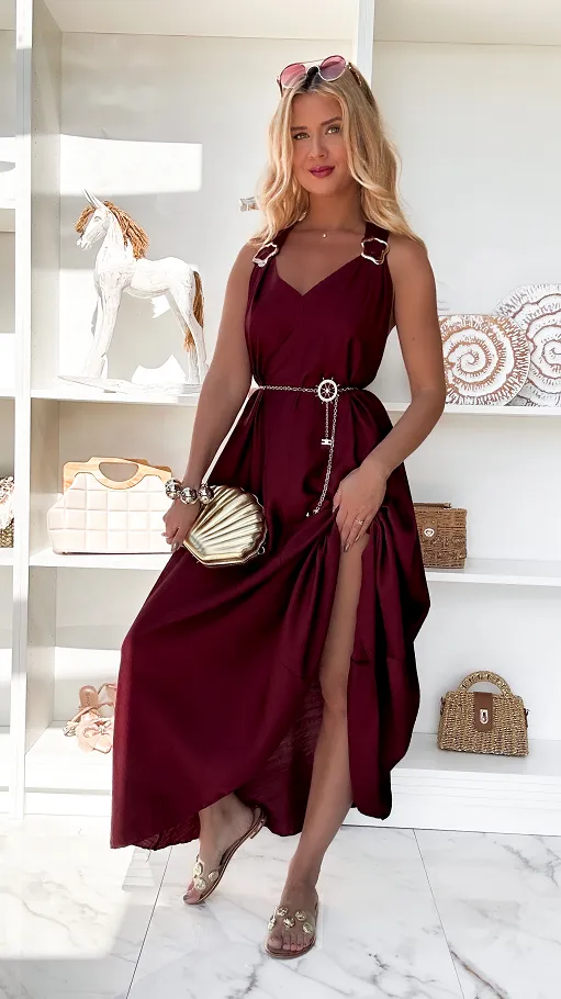Gładka letnia MAXI sukienka w bordowym kolorze ONE SIZE - P874A